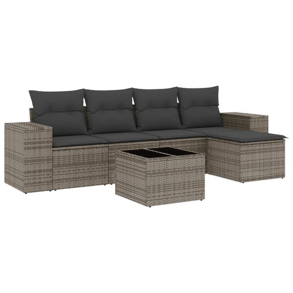 vidaXL 6-delige Loungeset met kussens poly rattan grijs