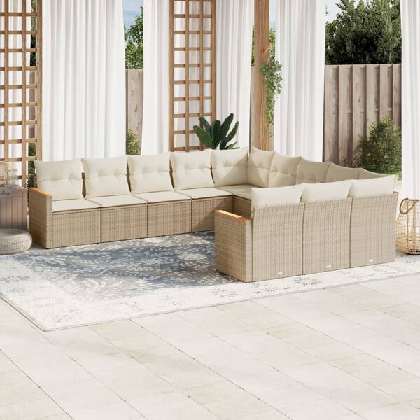 vidaXL 11-delige Tuinset met kussens poly rattan beige