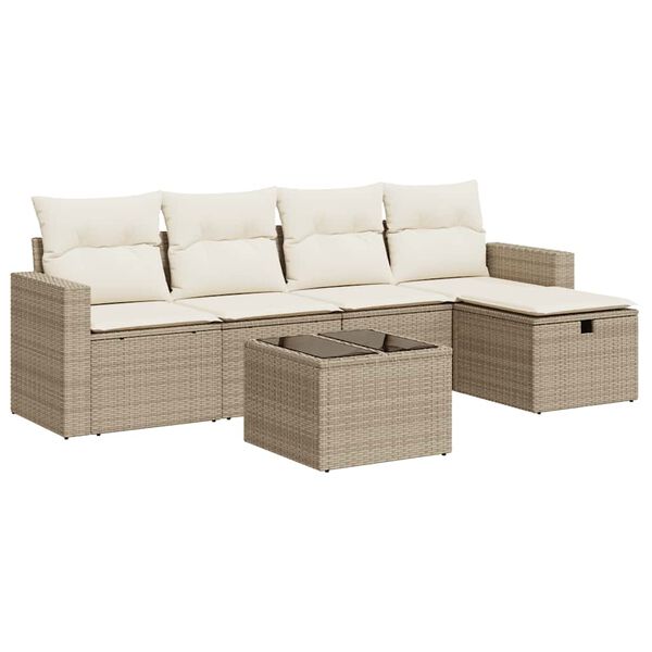 vidaXL 6-delige Loungeset met kussens poly rattan beige