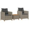 vidaXL 3-delige Bistroset met kussens poly rattan en acaciahout grijs