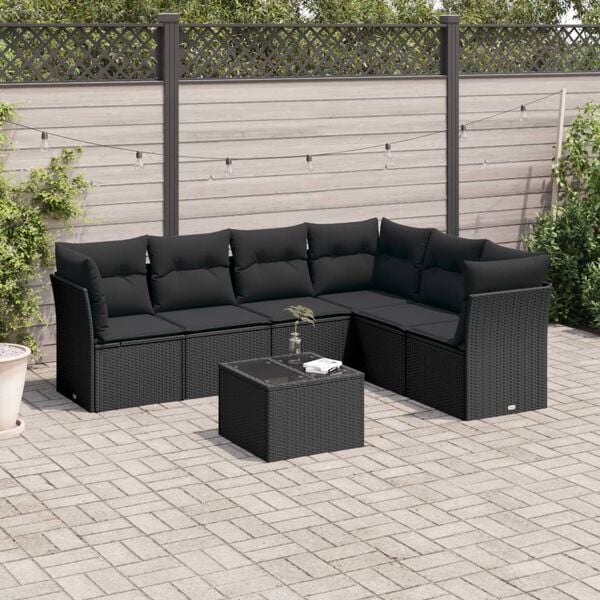 vidaXL 7-delige Loungeset met kussens poly rattan zwart