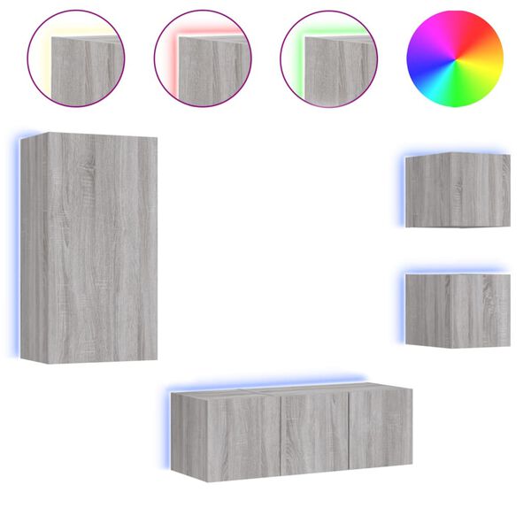 vidaXL 5-delige Tv-wandmeubelset met LED grijs sonoma eikenkleurig