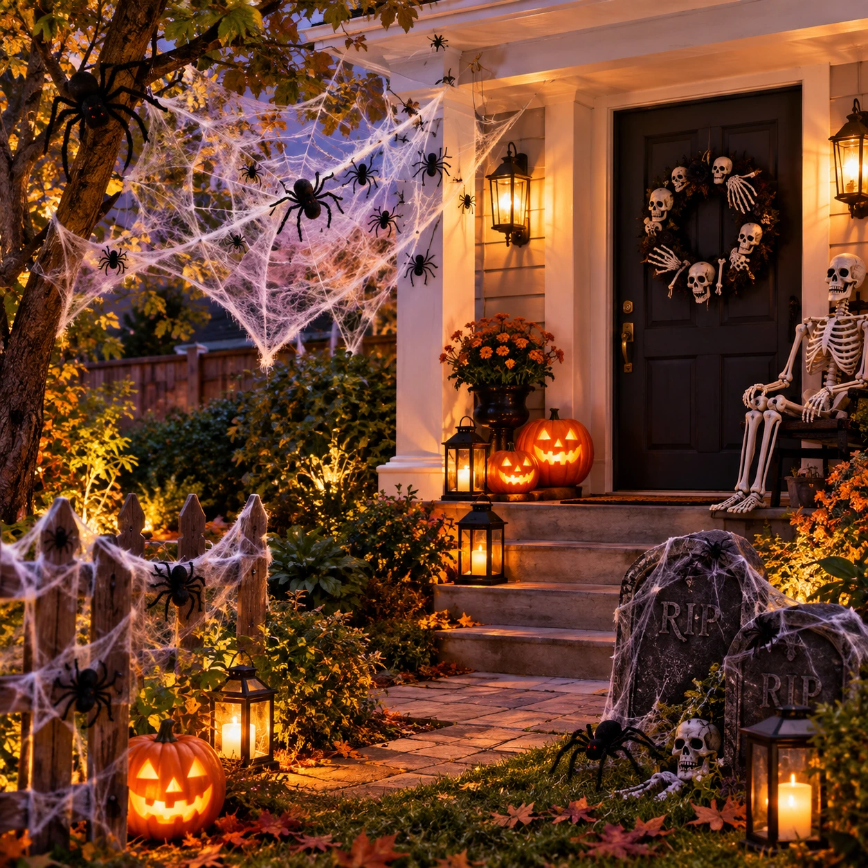 Halloweenveranda en tuin met spinnenwebben, spinnen en een skelet