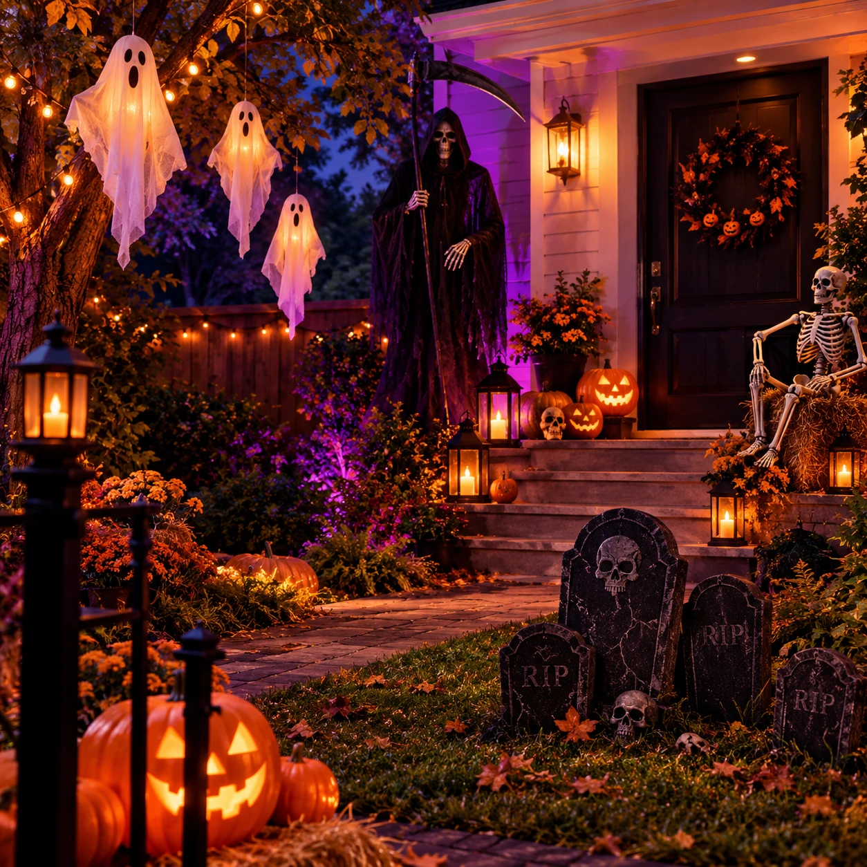 Halloweentuin met hangende geesten en een Magere Hein