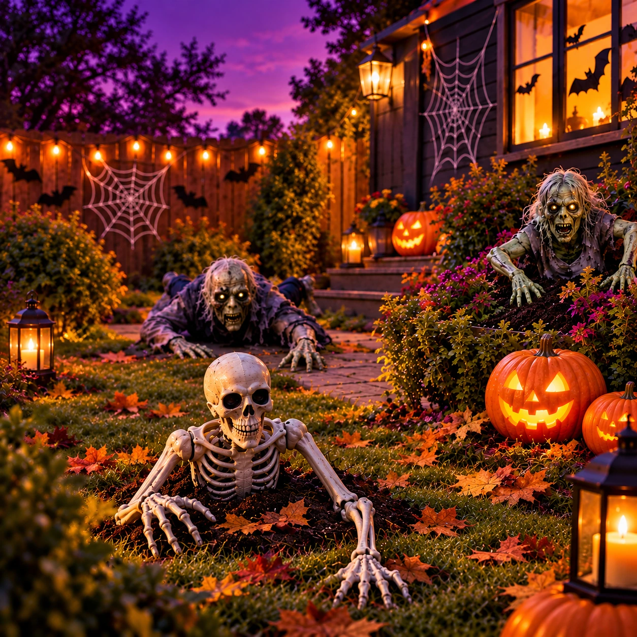 Halloweentuin met een skelet, zombies en lichtgevende pompoenen