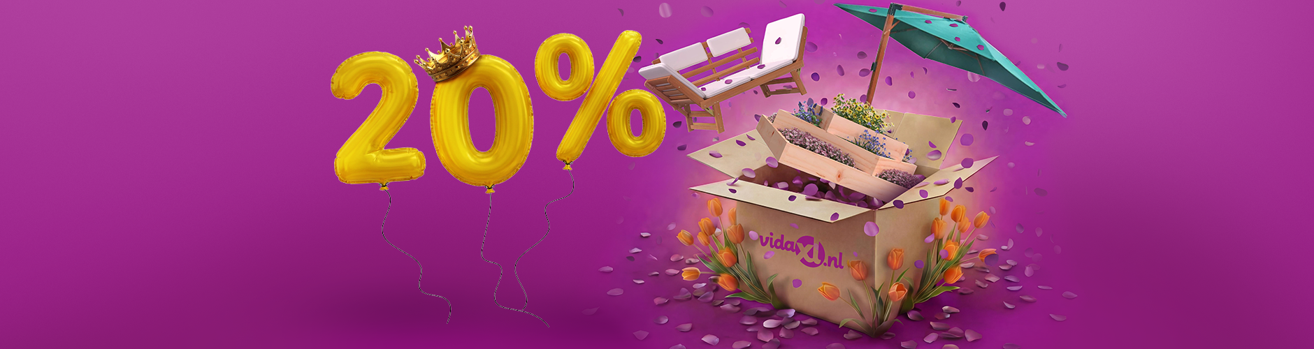 Geopende vidaXL-doos met een plantenbak, parasol en bank die eruit springen, omringd door tulpen en paarse bloemblaadjes. Gele ballonnen tonen een korting van 20% met een koningskroon erbovenop. 