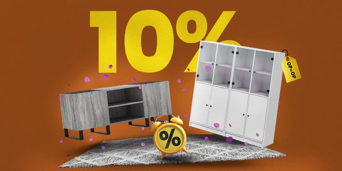 Banner met twee opbergkasten met label Op=Op, vloerkleed en wekker met grote gele tekst “10%”.