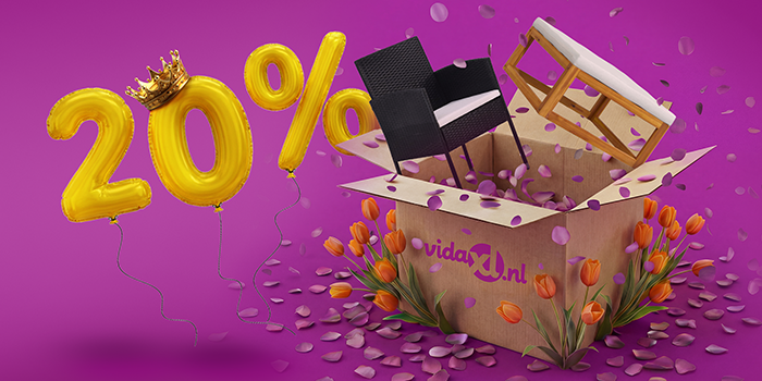 Geopende vidaXL-doos met een tuinstoel en houten voetensteun die eruit springen, omringd door tulpen en paarse bloemblaadjes. Gele ballonnen tonen een korting van 20% met een koningskroon erbovenop. Klik om de producten in de aanbieding te bekijken.