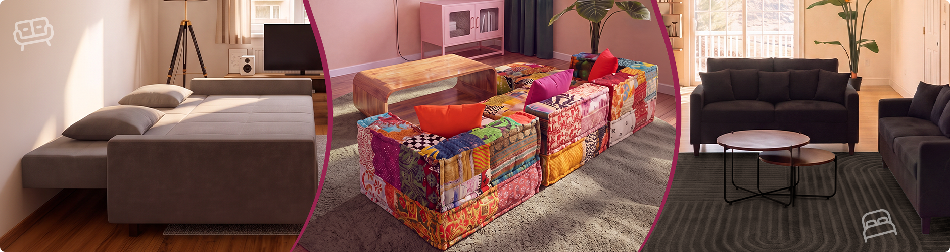 Collage met drie bankstijlen: een moderne woonkamer met donkere banken, een kleurrijke modulaire patchworkbank rond een salontafel en een grijze slaapbank die volledig is uitgeklapt. Klik om de bankencollectie te bekijken.