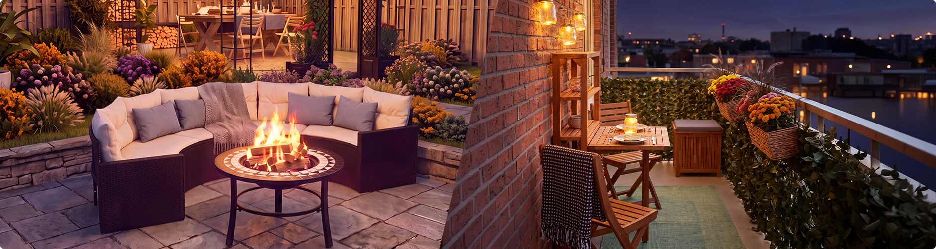 Knusse buitenruimtes in de schemering, met aan de ene kant een tuinloungeset met vuurplaats en een prieel vol bloemen, en aan de andere kant een ingericht balkon met houten meubels, lantaarnverlichting en bloemen in potten met uitzicht op een stadssilhouet.