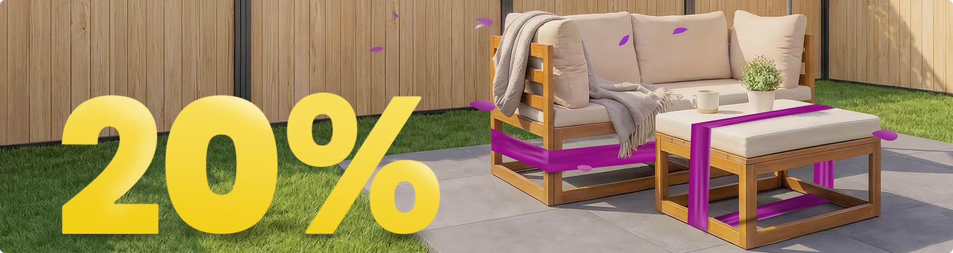 Outdoorbanner met een loungeset van hout met beige kussens en een bijpassende tafel onder een grote witte parasol, afgewerkt met een paarse band en een grote gele ‘20%’-kortingstekst in de hoek. Klik om de producten in de collectie te bekijken.