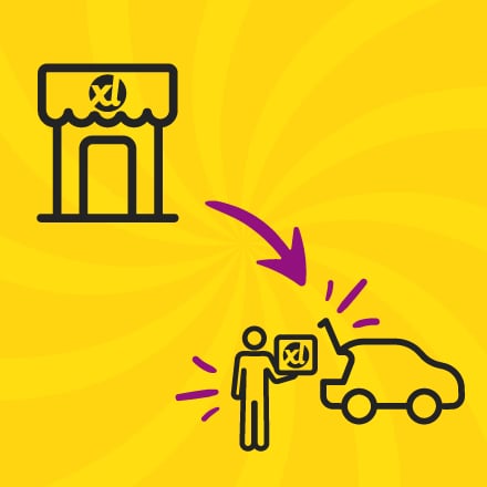 Pictogram van een winkel en een persoon die een doos in een auto laadt, verbonden met een paarse pijl.