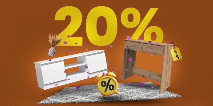 Banner met een tafel, een TV-meubel met label Op=Op, vloerkleed en wekker met grote gele tekst “20%”.