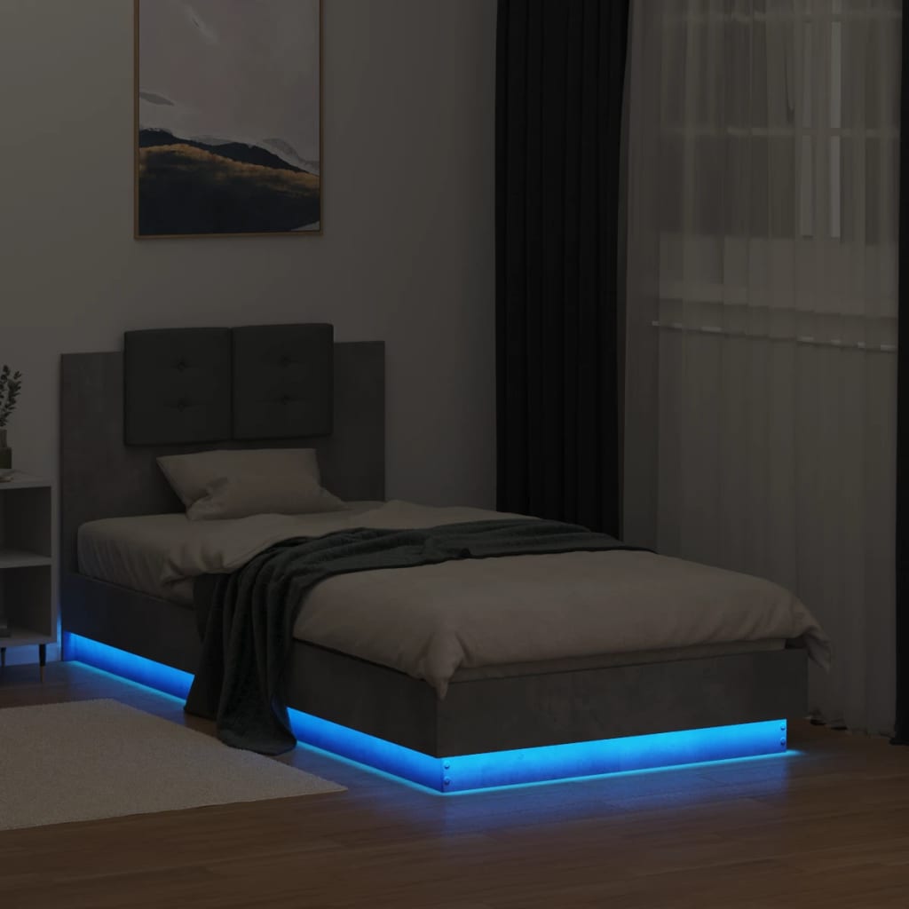 vidaXL Bedframe met hoofdbord en LED-verlichting betongrijs 90x190 cm
