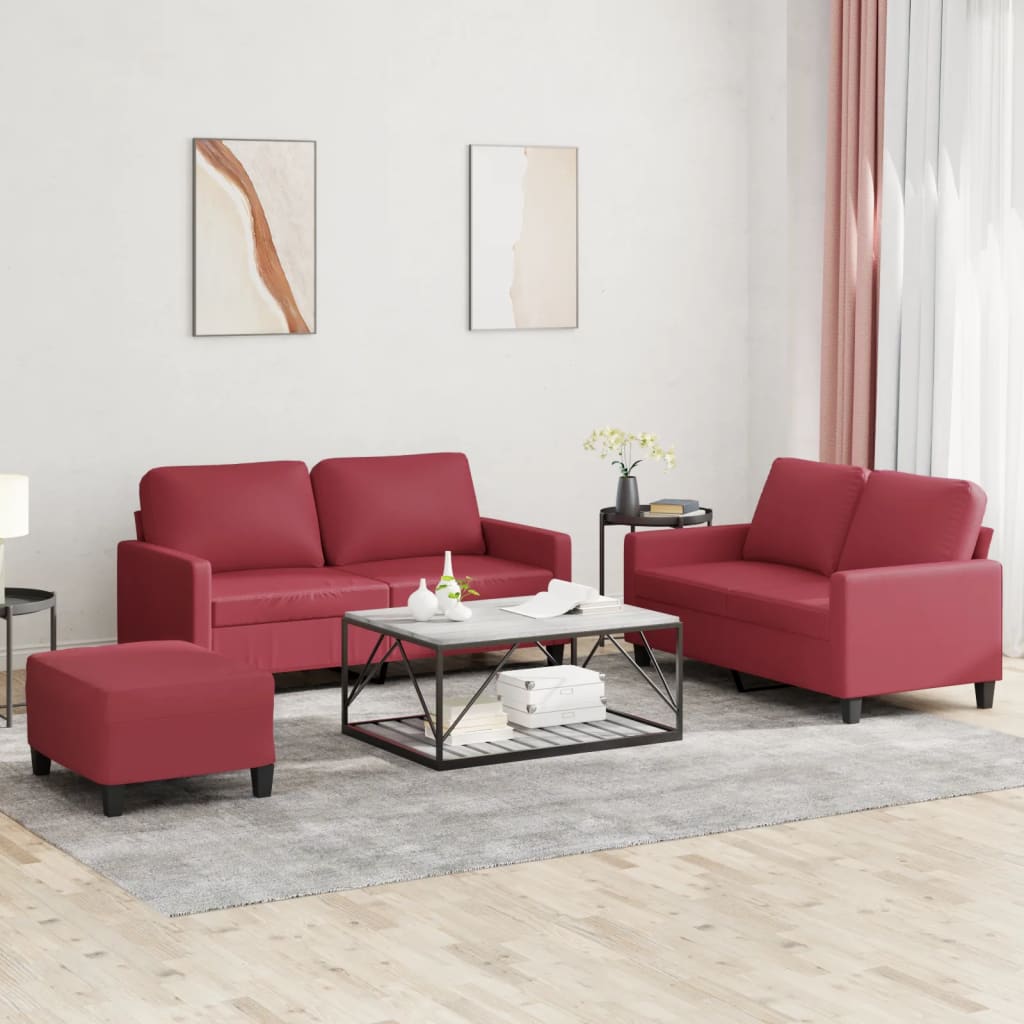 vidaXL 3-delige Loungeset met kussens kunstleer wijnrood