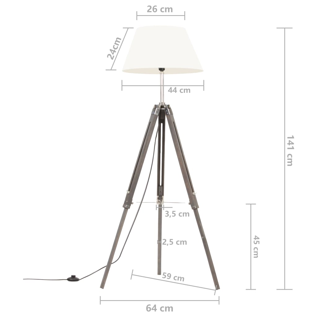 vidaXL Vloerlamp driepoot 141 cm massief teakhout grijs en wit