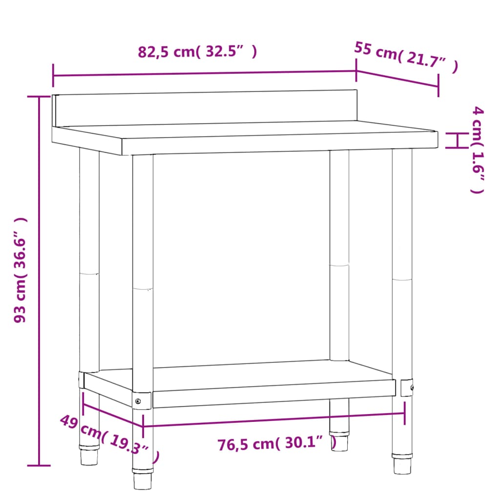 vidaXL Keukenwerktafel met spatscherm 82,5x55x93 cm roestvrij staal