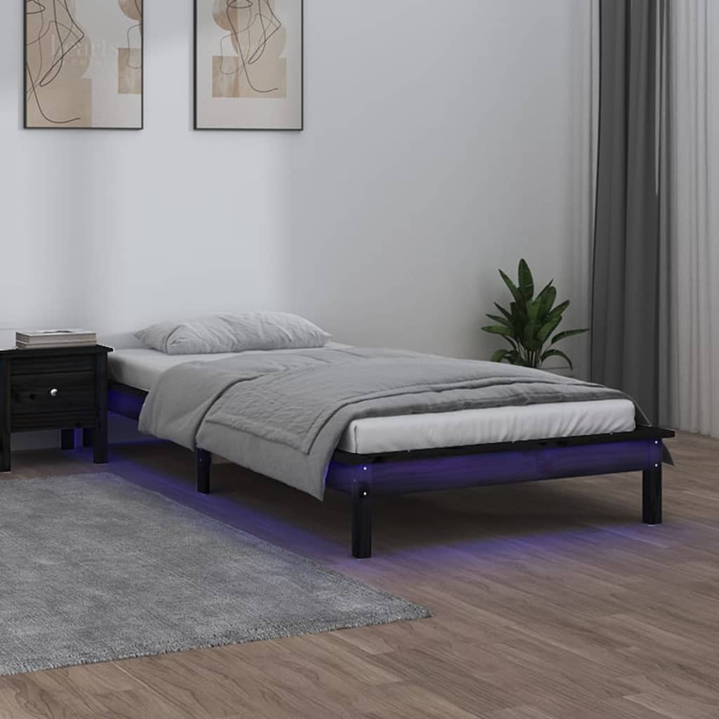 vidaXL Bedframe LED massief hout zwart 90x200 cm