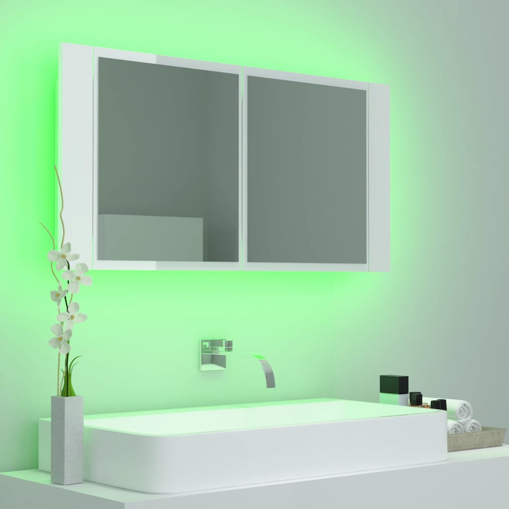 vidaXL Badkamerkast met spiegel en LED 90x12x45 cm acryl hoogglans wit