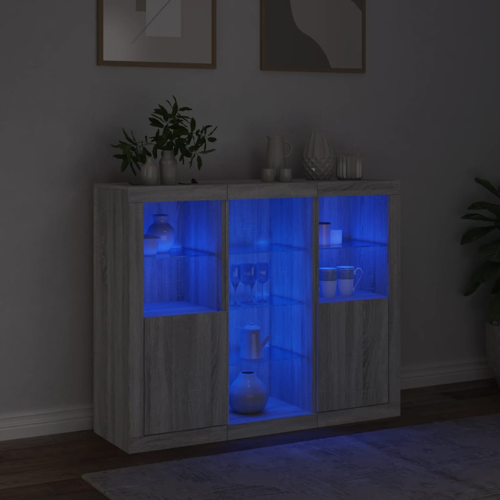 vidaXL Dressoirs met LED-verlichting 3 st bewerkt hout grijs sonoma