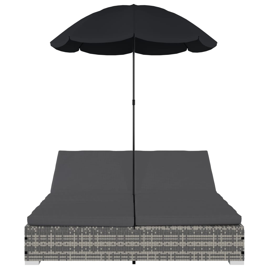 vidaXL Loungebed met parasol poly rattan grijs
