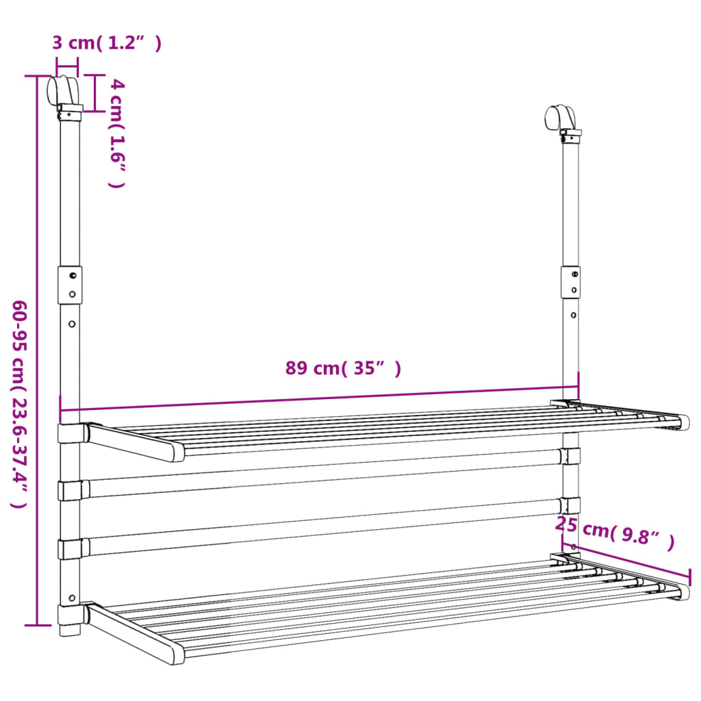 vidaXL Droogrek voor balkon 89x25x(60-95) cm aluminium