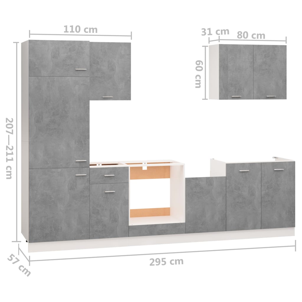 vidaXL 7-delige Keukenkastenset spaanplaat betongrijs