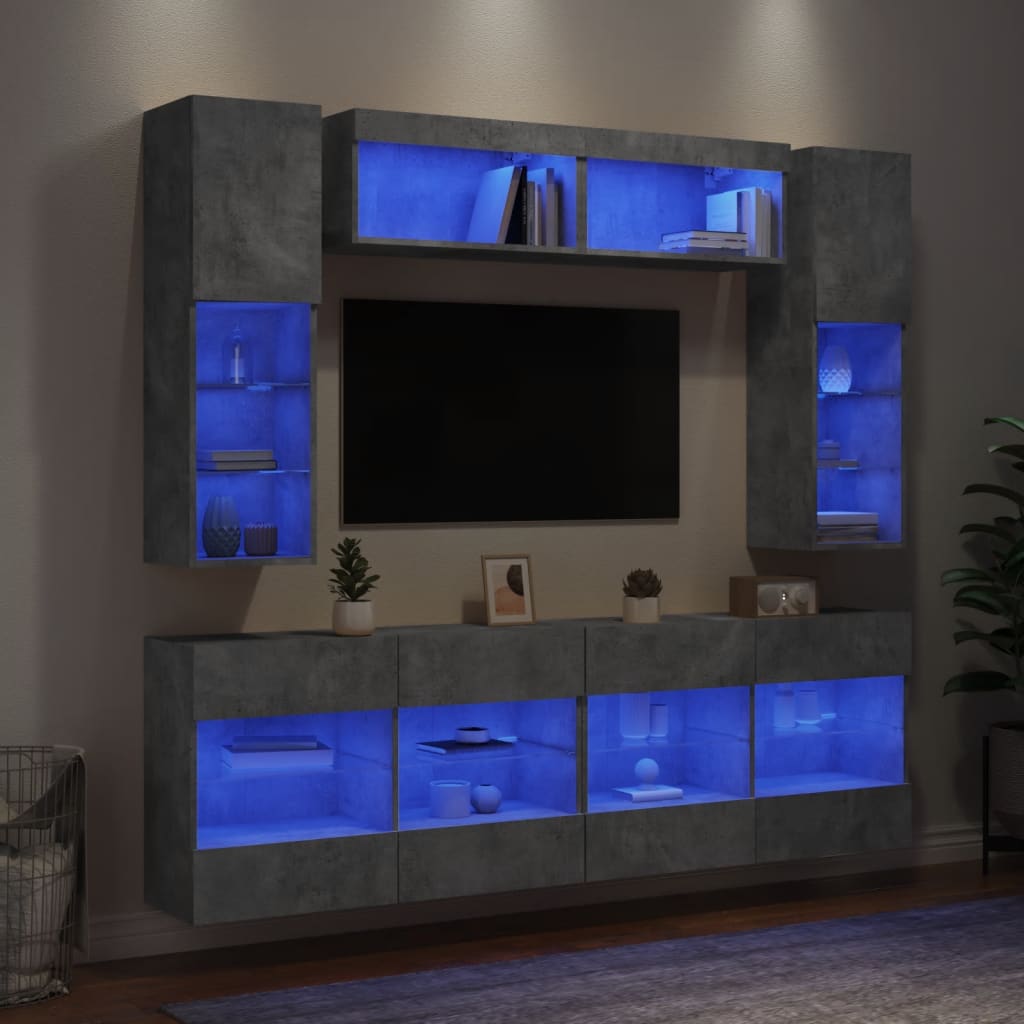 vidaXL 6-delige Tv-wandmeubelset met LED-verlichting betongrijs