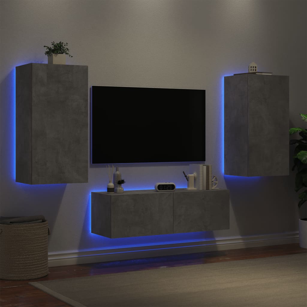 vidaXL 3-delige tv-wandmeubelset met LED-verlichting betongrijs