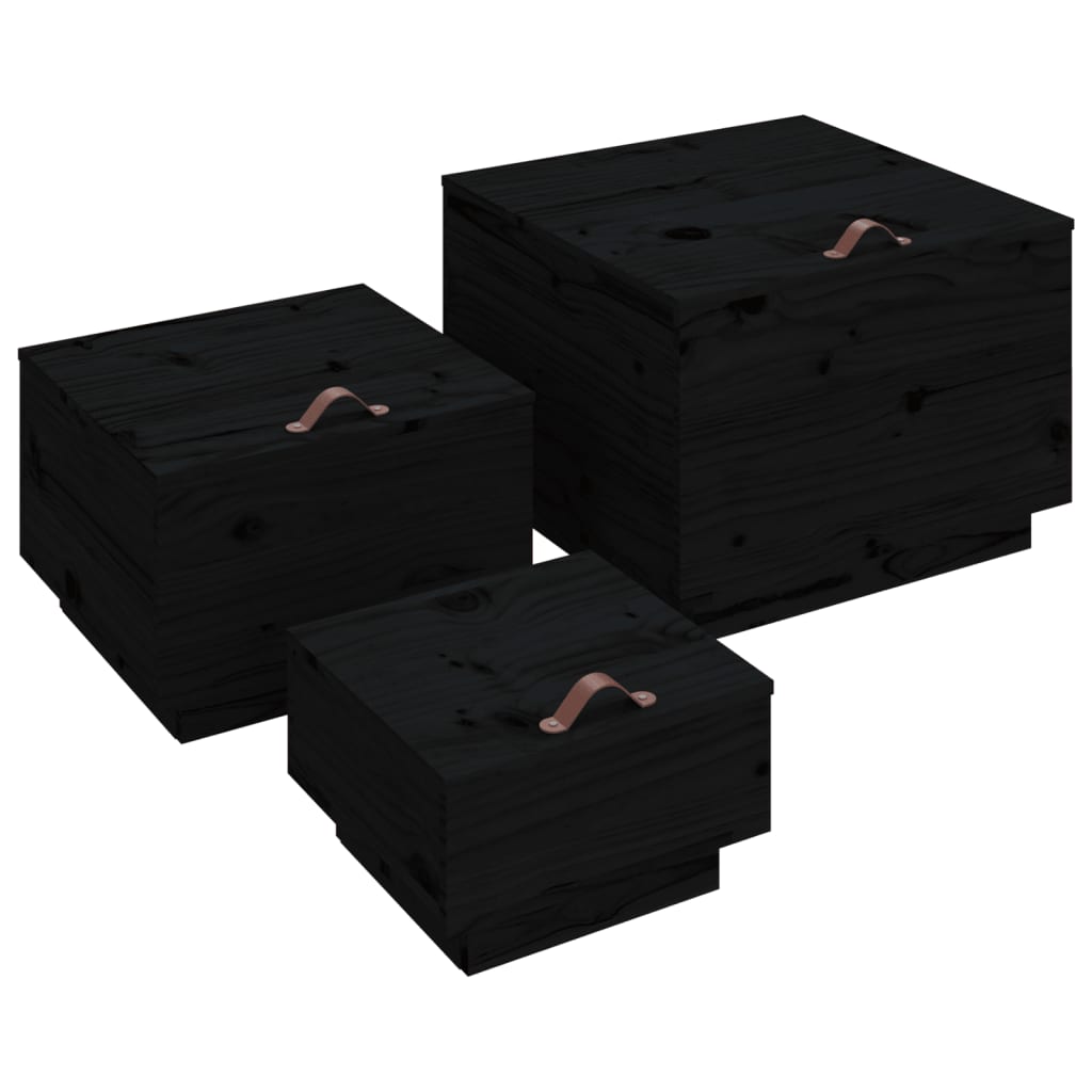 vidaXL Opbergboxen met deksels 3 st massief grenenhout zwart