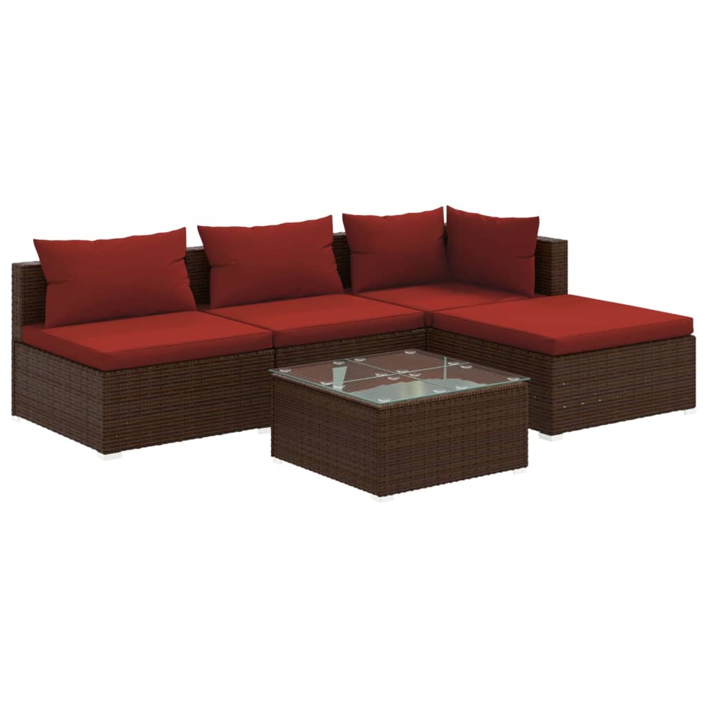 vidaXL 5-delige Loungeset met kussens poly rattan bruin