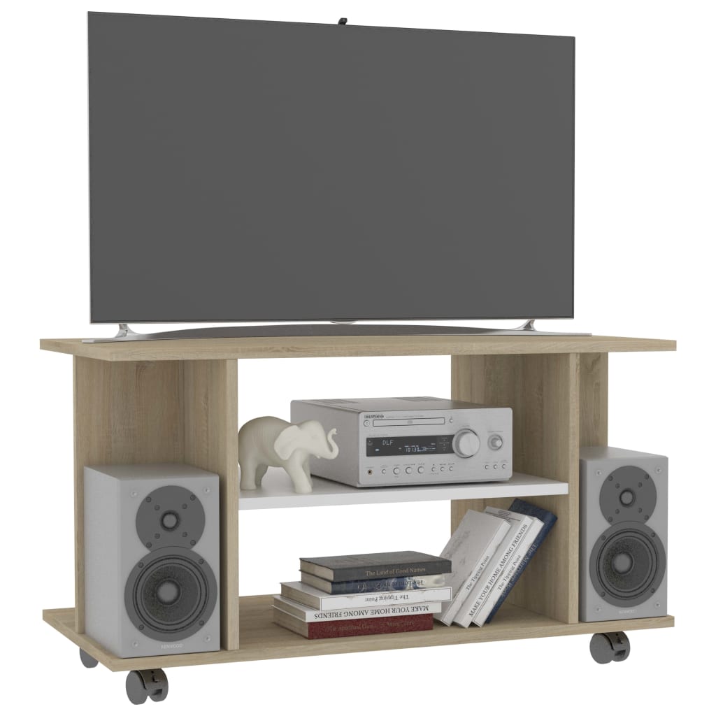 vidaXL Tv-meubel met wieltjes 80x40x40 cm spaanplaat wit en sonoma