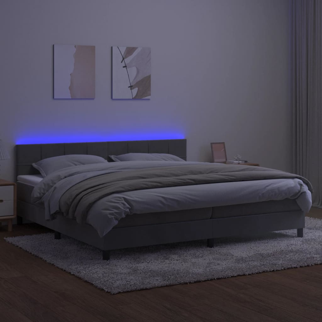 vidaXL Boxspring met matras en LED fluweel lichtgrijs 200x200 cm