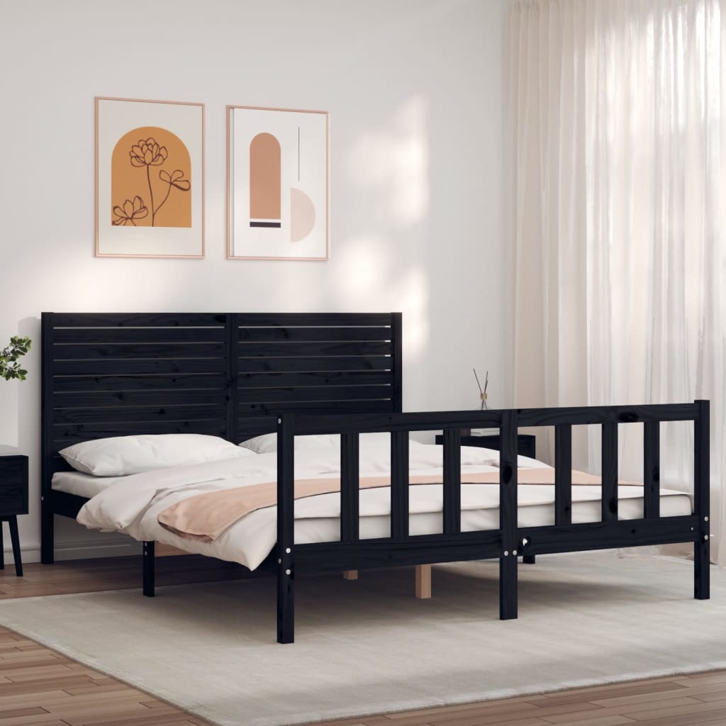 vidaXL Bedframe met hoofdbord massief hout zwart 160x200 cm