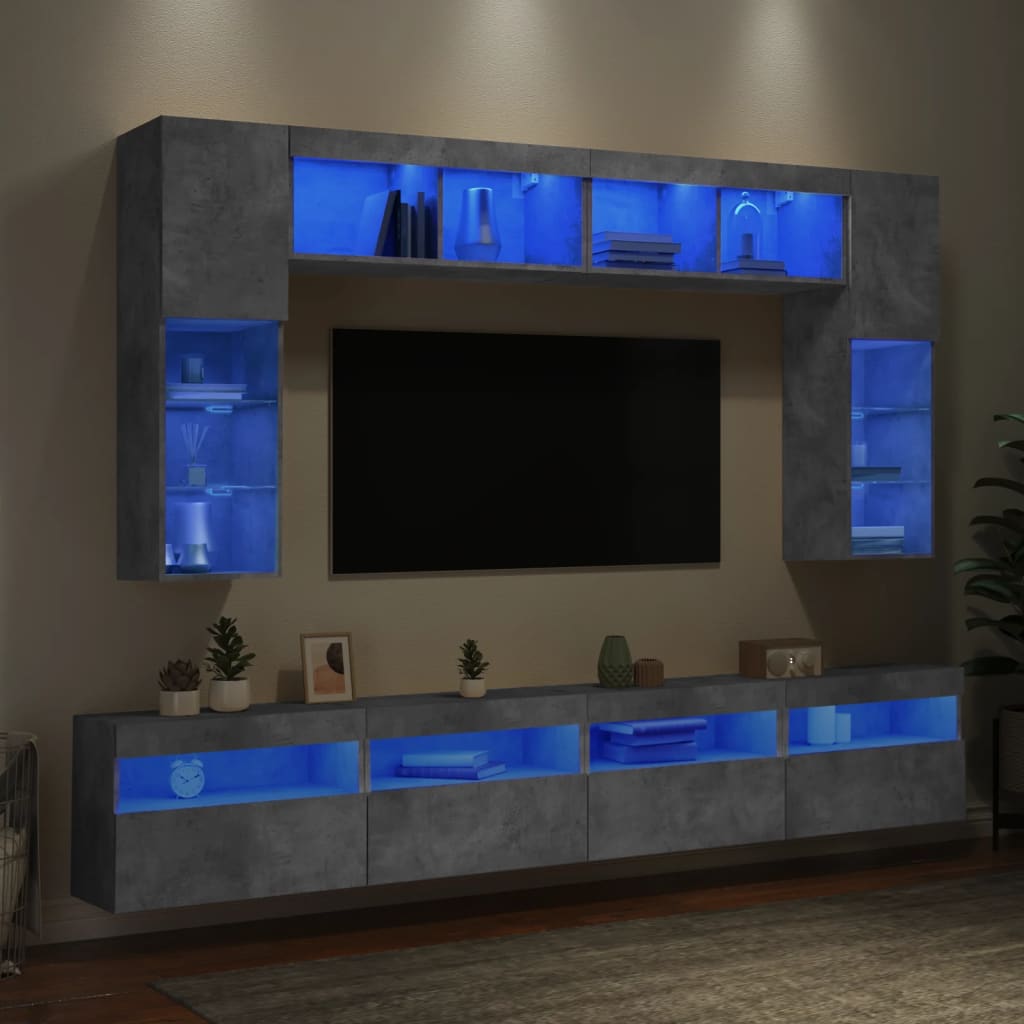 vidaXL 8-delige Tv-wandmeubelset met LED-verlichting betongrijs