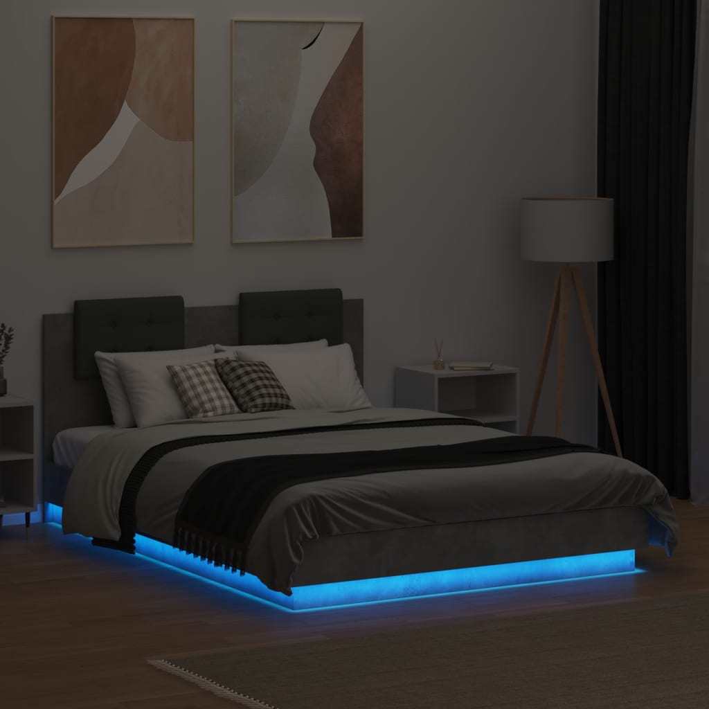 vidaXL Bedframe met hoofdbord en LED-verlichting betongrijs 135x190 cm