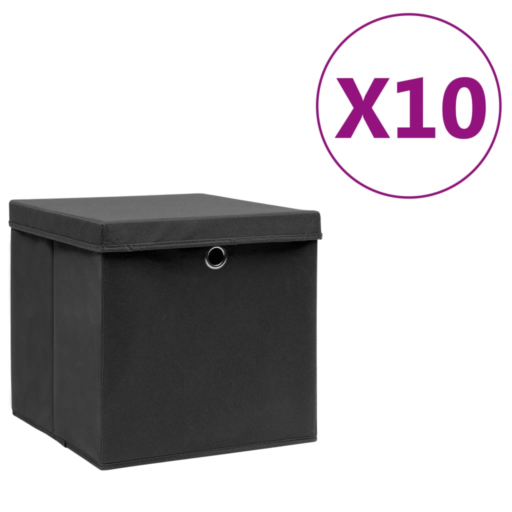 vidaXL Opbergboxen met deksel 10 st 28x28x28 cm zwart