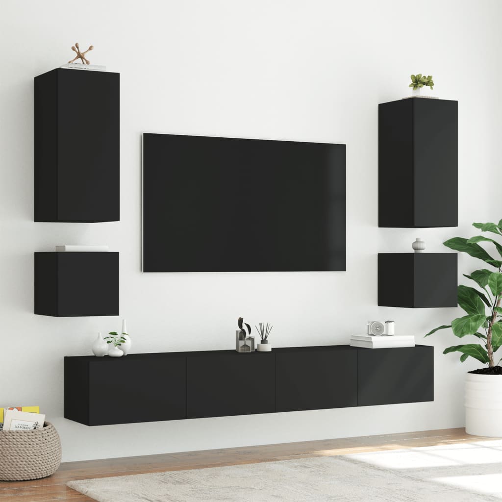 vidaXL 6-delige tv-wandmeubelset met LED-verlichting zwart