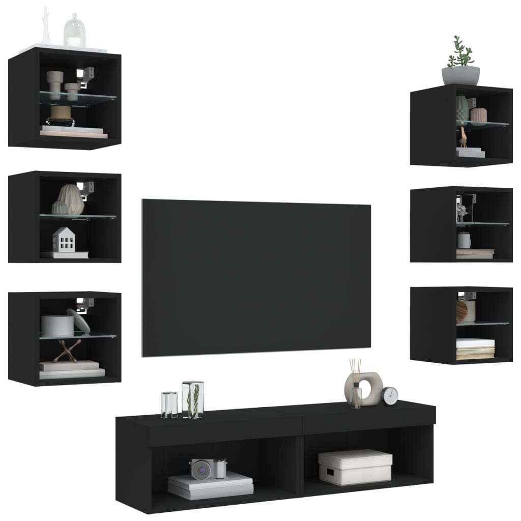 vidaXL 8-delige Tv-wandmeubelset met LED bewerkt hout zwart