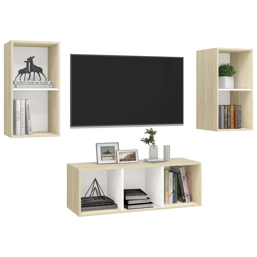 vidaXL 3-delige Tv-meubelset spaanplaat wit en sonoma eikenkleurig