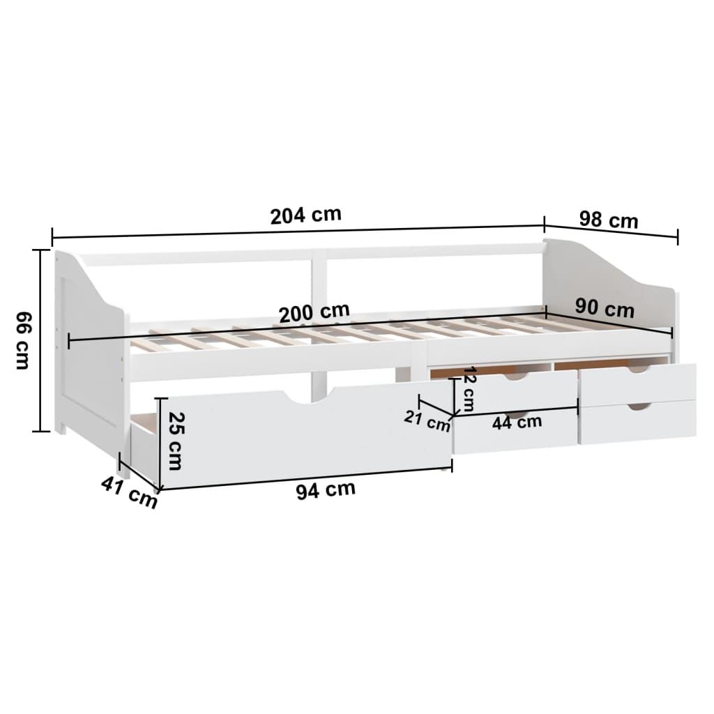 vidaXL Bedbank 3-zits met lades massief grenenhout wit 90x200 cm