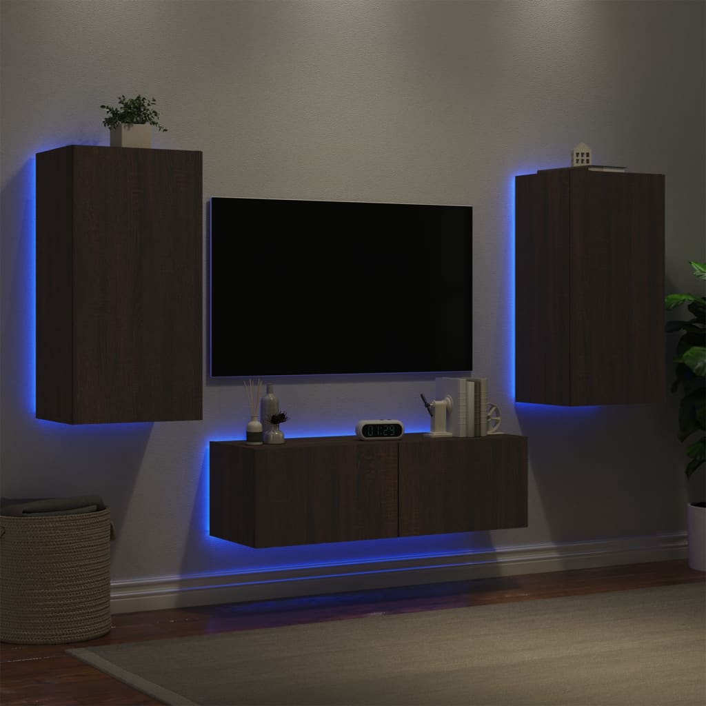 vidaXL 3-delige tv-wandmeubelset met LED-verlichting bruineikenkleurig