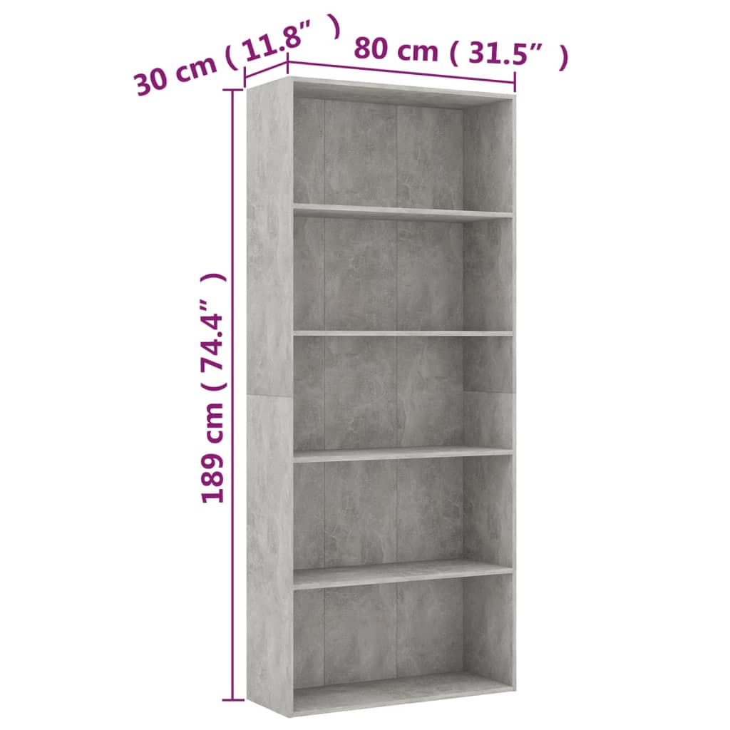 vidaXL Boekenkast met 5 schappen 80x30x189 cm bewerkt hout betongrijs