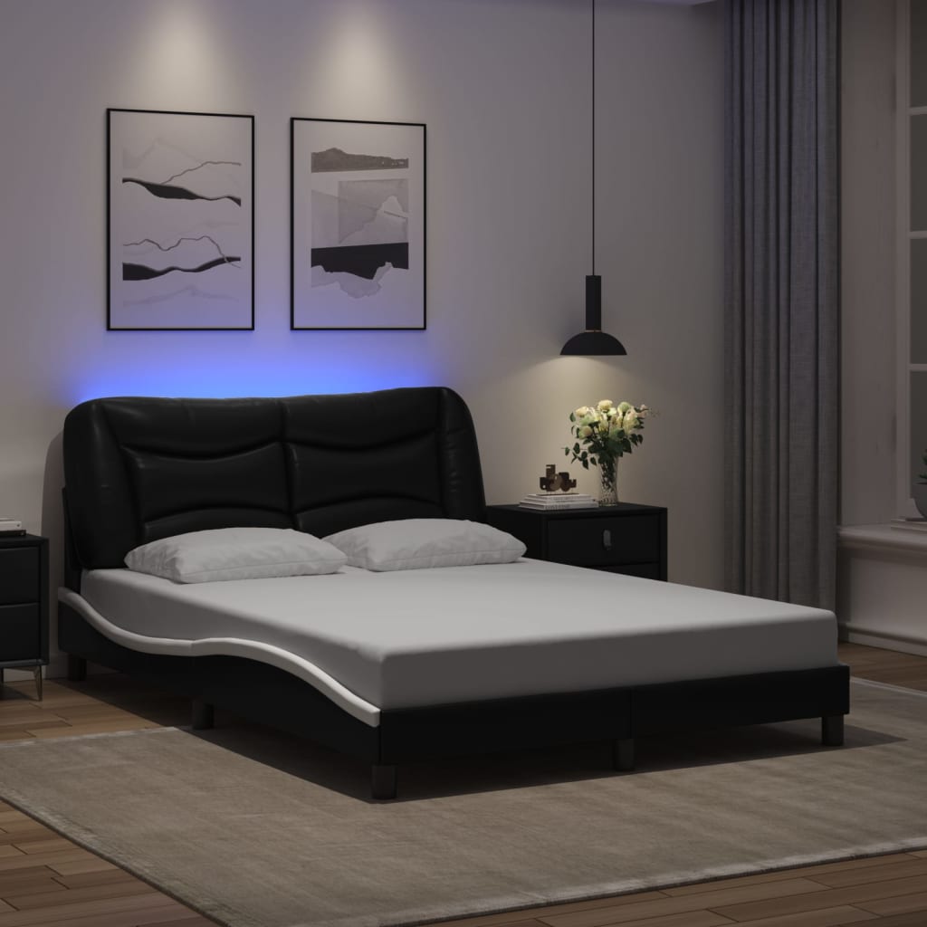 vidaXL Bedframe met LED-verlichting kunstleer zwart en wit 140x190 cm