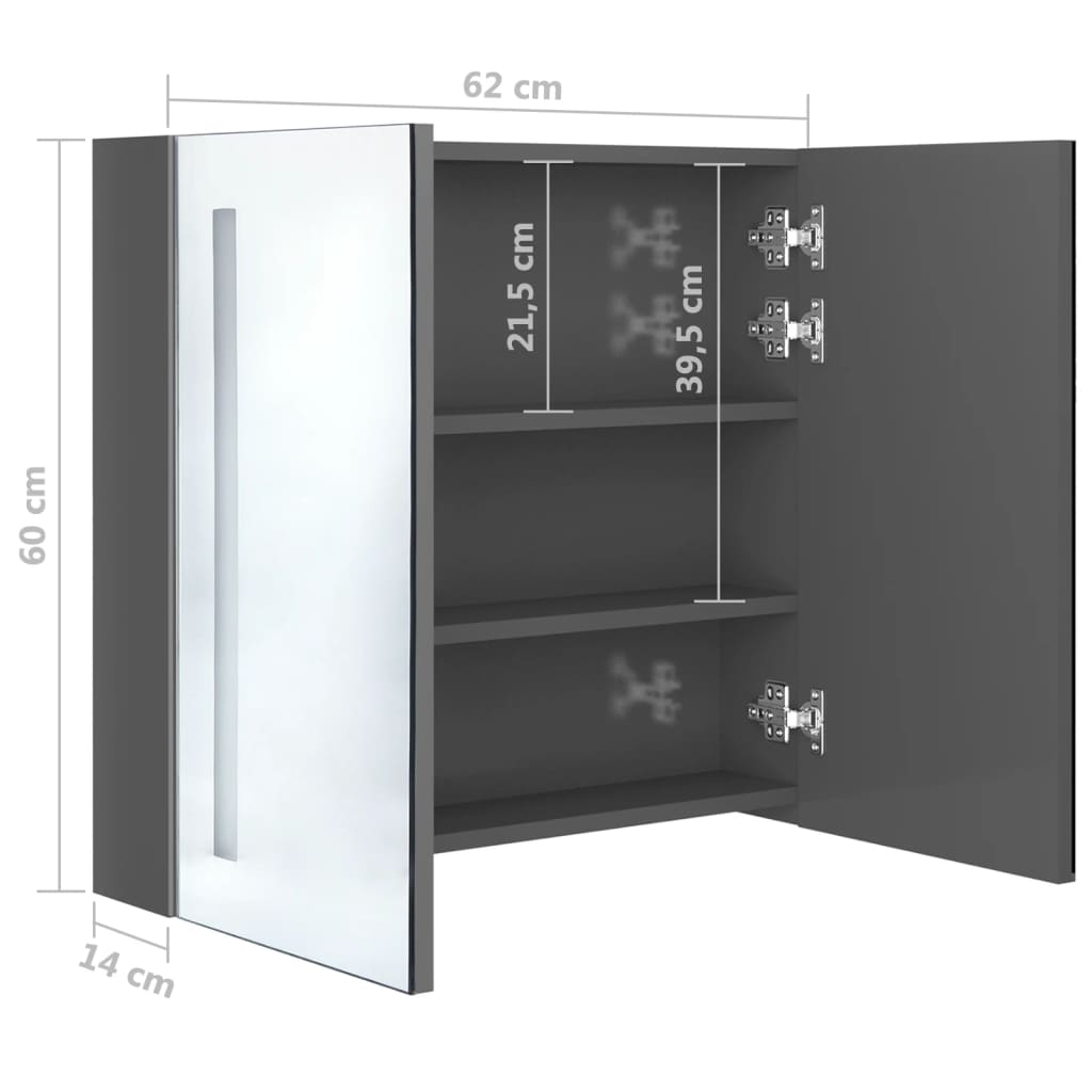 vidaXL Badkamerkast met spiegel en LED 62x14x60 cm glanzend grijs