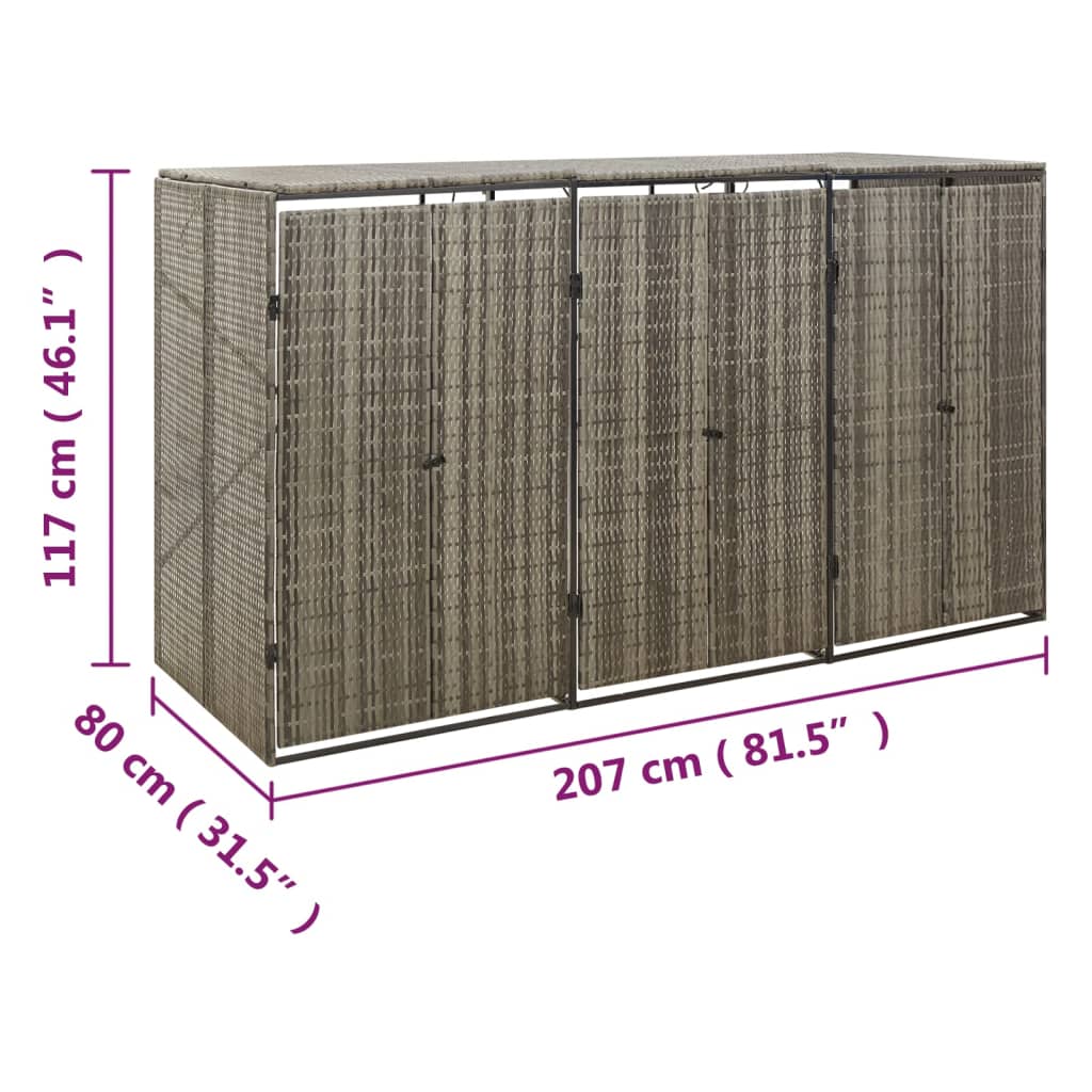 vidaXL Containerberging driedubbel 207x80x117 cm poly rattan grijs