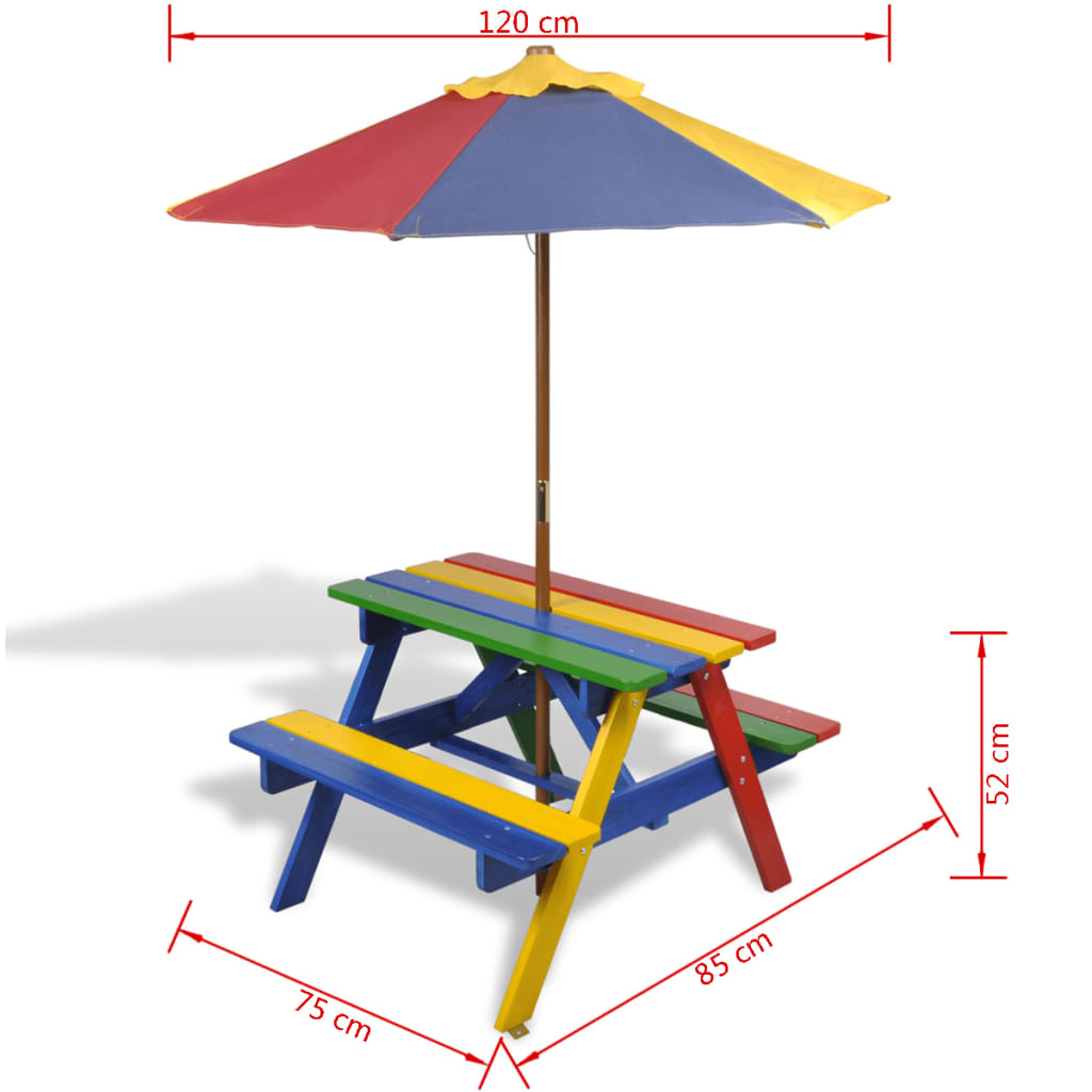 vidaXL Kinderpicknicktafel met banken en parasol hout meerkleurig