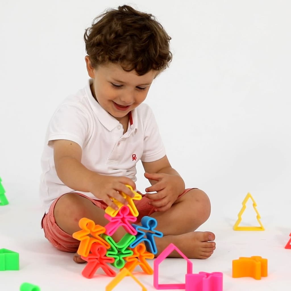 Dëna 54-delige Speelgoedset Neon kinderen, huizen en bomen silicone