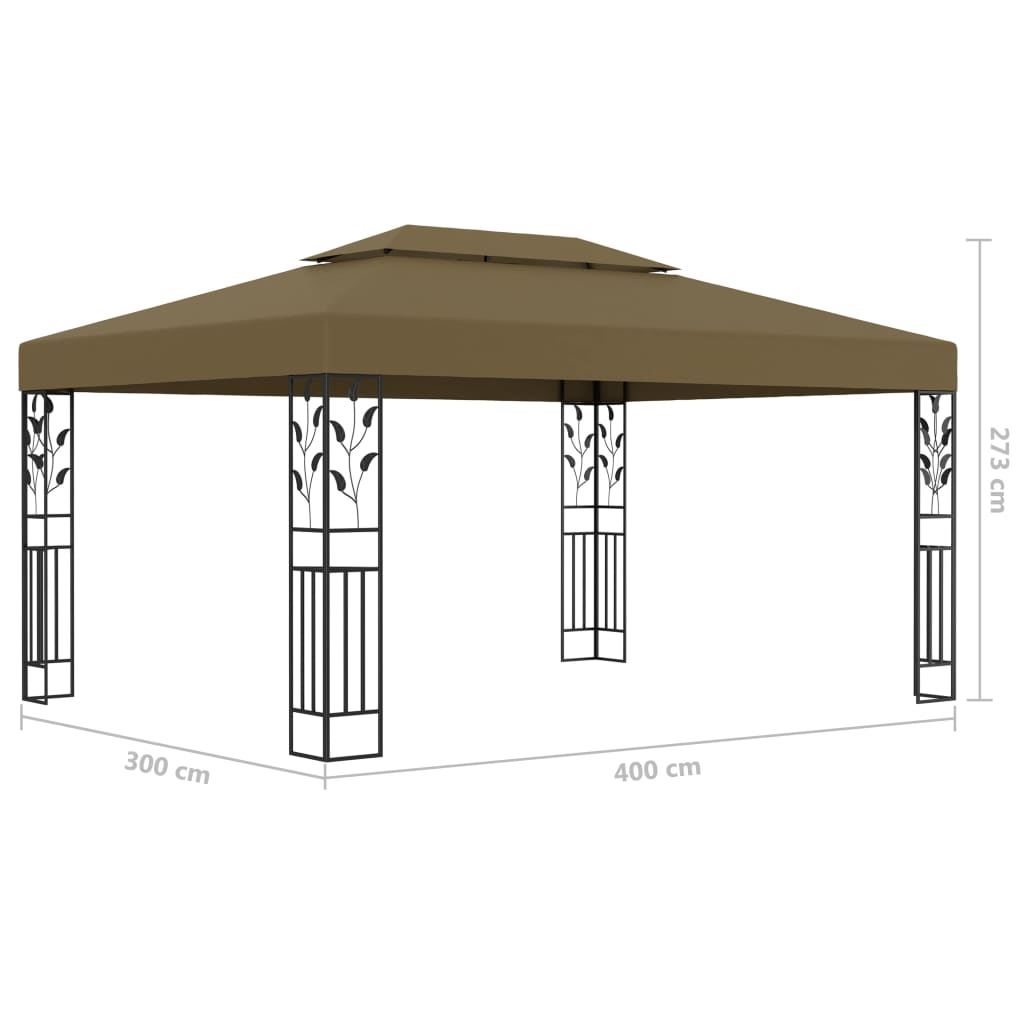 vidaXL Prieel met dubbel dak en LED-lichtslinger 3x4 m taupe
