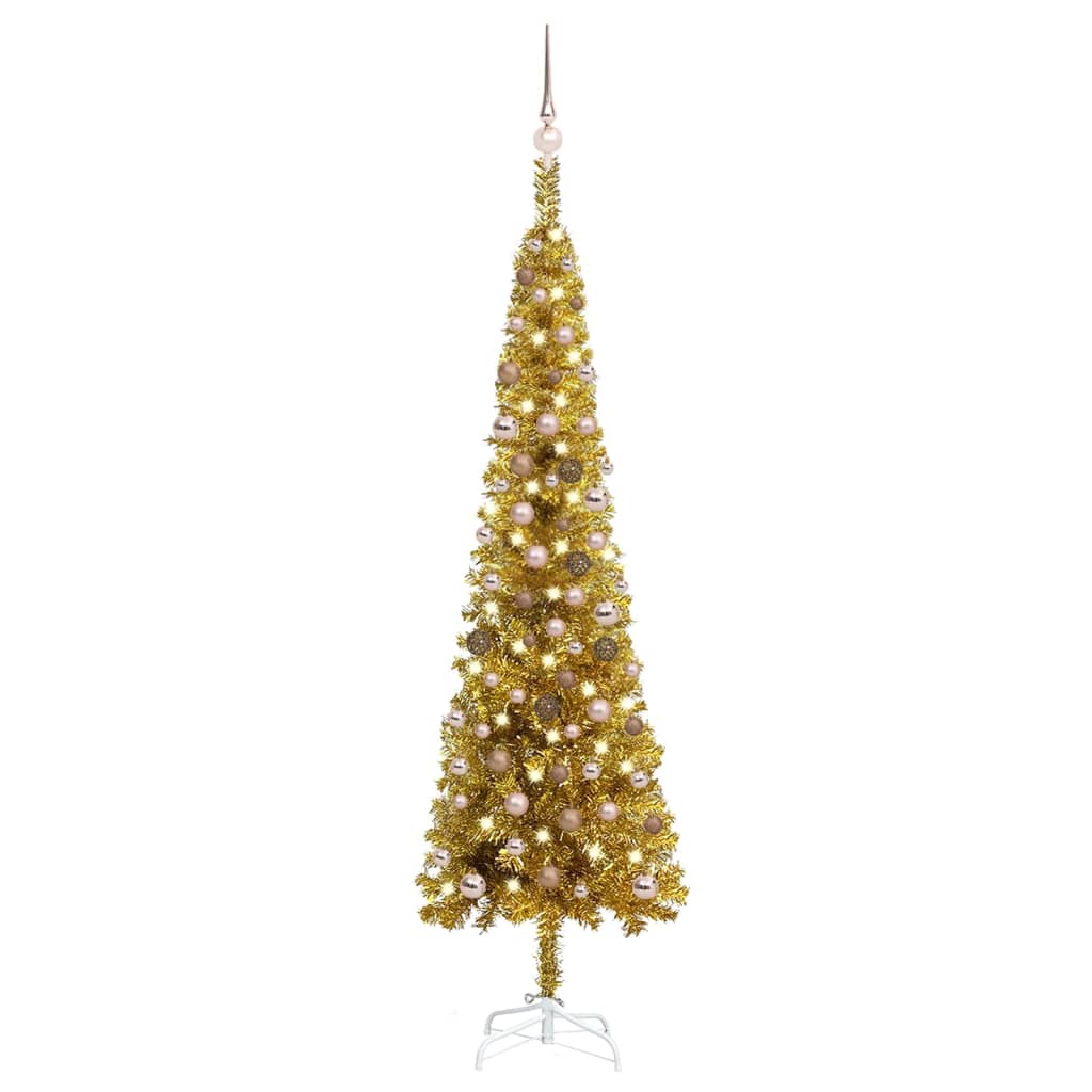 vidaXL Kunstkerstboom met verlichting en kerstballen smal 210 cm goud